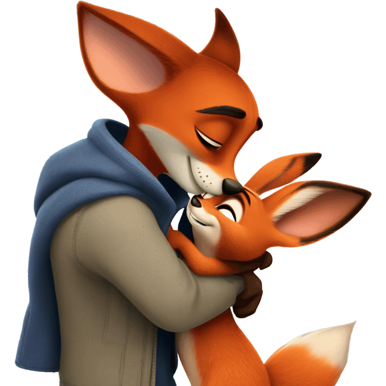 Nick Wilde the orange fox from Zootopia and Judy Hopps the grey bunny from Zootopia hugging each other emoji