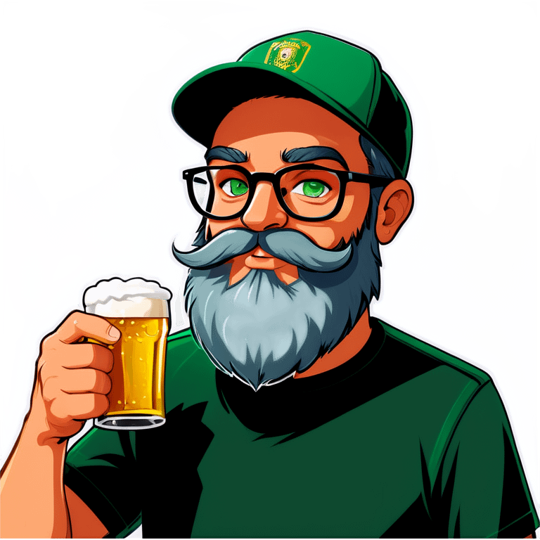 A bold man with a grey baseball cap, green eyes, big beard and glasses, drinking beer emoji