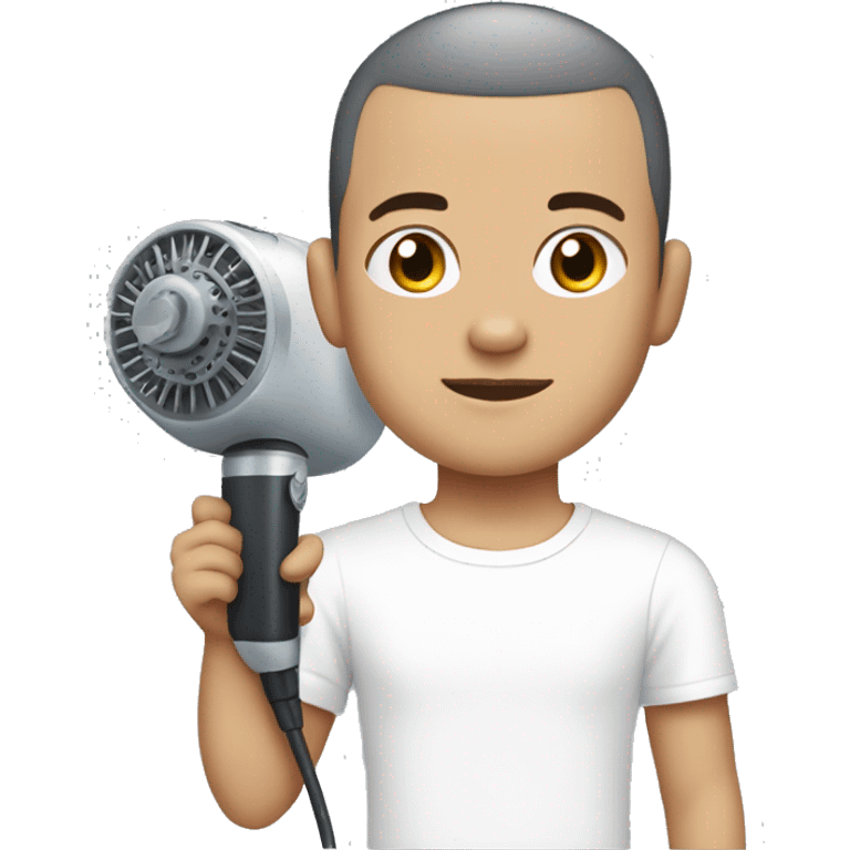 a Boy who is White with no Beard a buzzcut no Hairs at his sides in a White tshirt Holding a hairmachine emoji