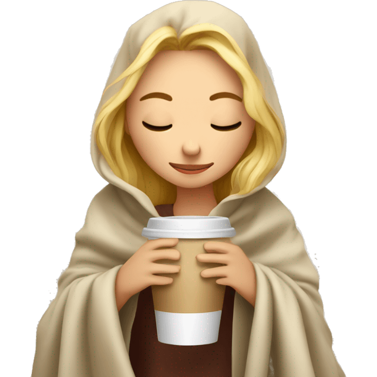 Blond girl inside a blanket sipping coffee eyes closed emoji