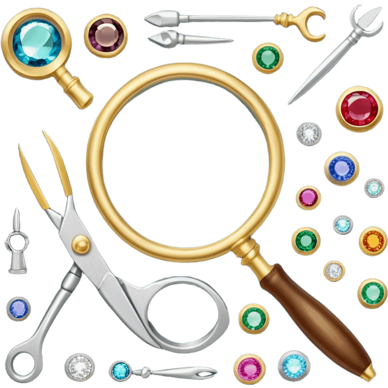 Create an icon that represents the art of jewelry making. The design should include a jeweler's workbench, tools like pliers, a magnifying glass, and various precious materials such as gemstones, gold, and silver. Feature a partially crafted piece of jewelry, like a ring or necklace, showcasing intricate details and craftsmanship. The composition should evoke elegance and precision, reflecting the skill and artistry of jewelry making. The background should be transparent. emoji