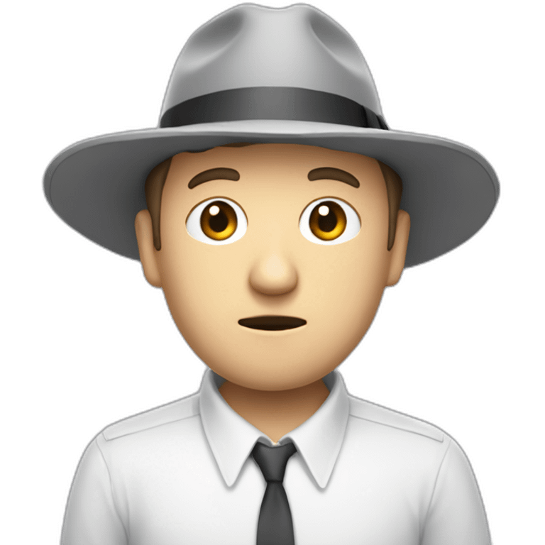 tim robinson wearing a grey fedora white shirt only looking scared and sad facing left - fabric attached to back of hat covering neck emoji