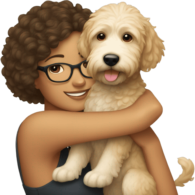 Short hair Girl with glasses hugging goldendoodle emoji