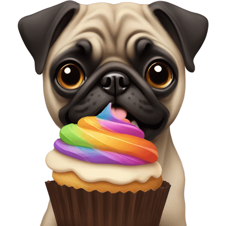 black and brown pug eating a cupcake emoji