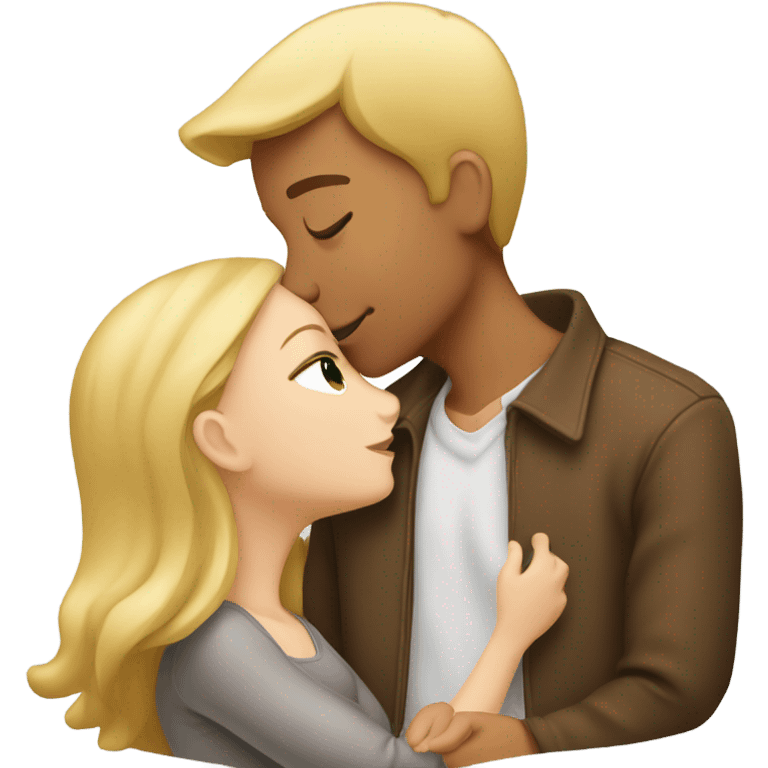 Blonde white girl kissing brown boy love emoji