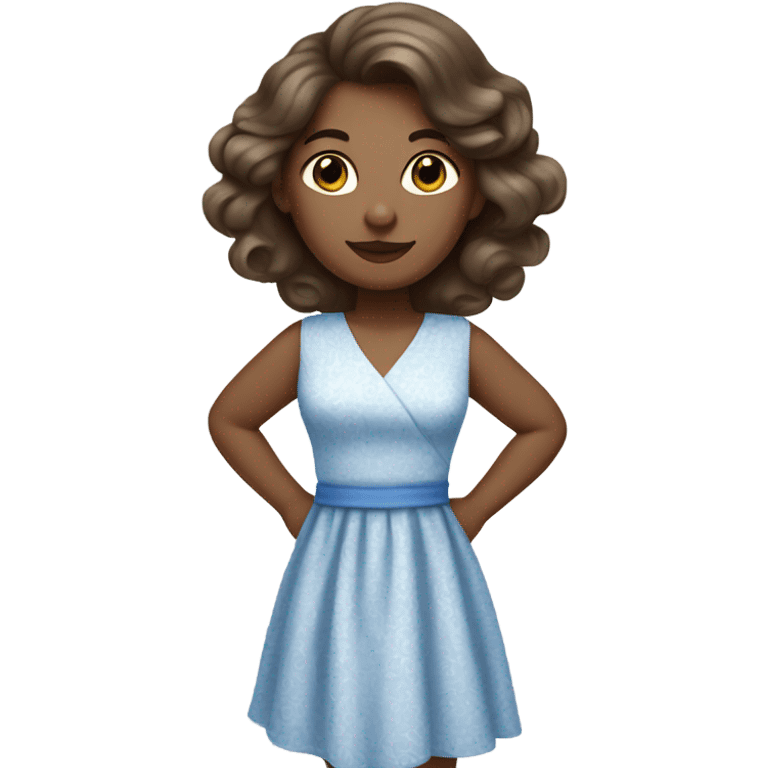 Woman with curled brunette hair, hazel eyes, ivory skin, wearing a blue summer dress   emoji