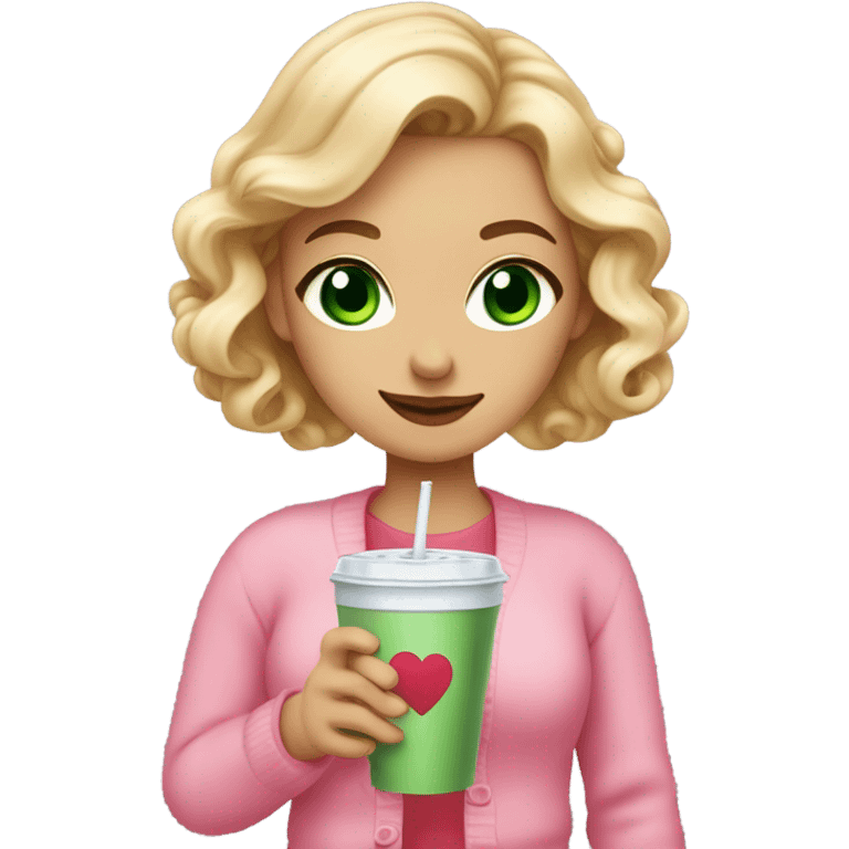 woman with green eyes and long curled blonde hair with a pink bow in her hair, wearing a pink cardigan with a red hearts and she is holding an iced coffee emoji