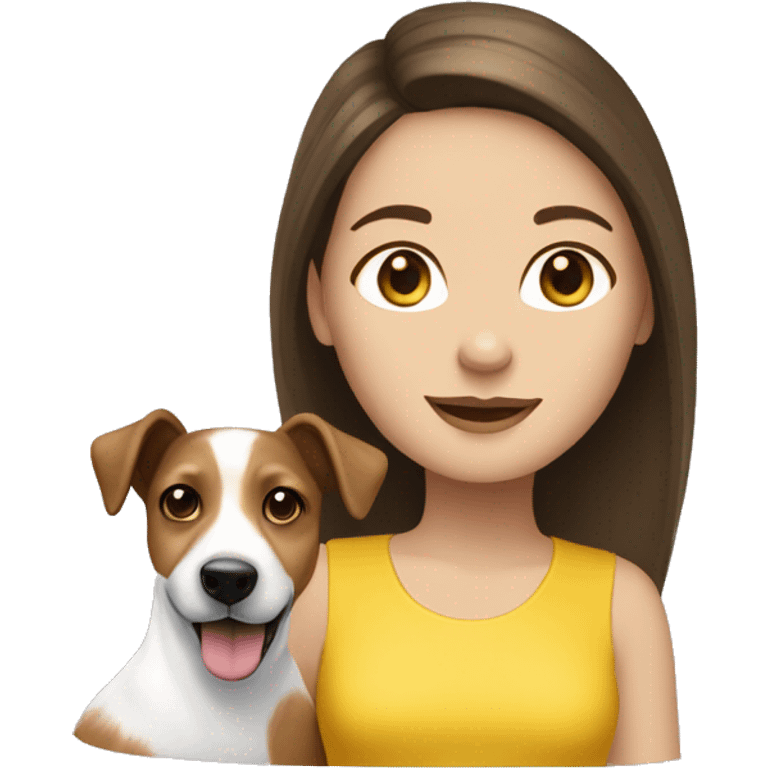 Brunette long haired white girl wearing yellow top with jack russell emoji