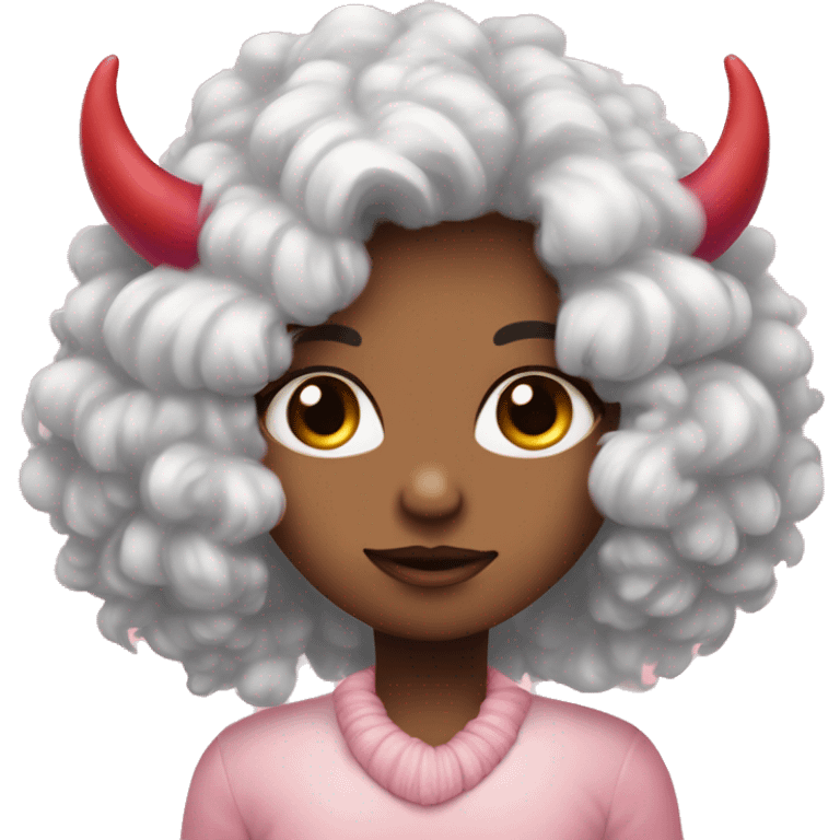 a shy cold cute girl with pik fluffy hair with pink heart eyes and lil red horns emoji