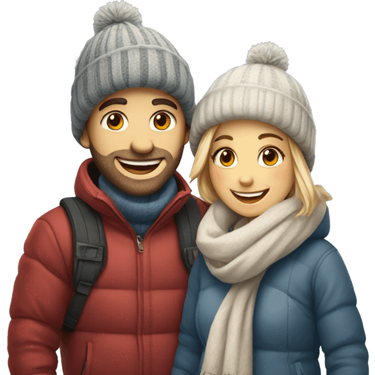 happy couple in winter outfits hearts emoji