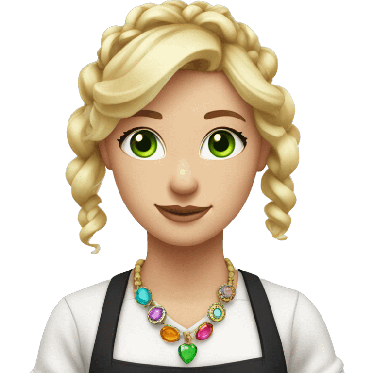 Waitress with white shirt and black apron, curly blonde hair in a pony tail, green eyes, lots of colorful boho jewelry  emoji