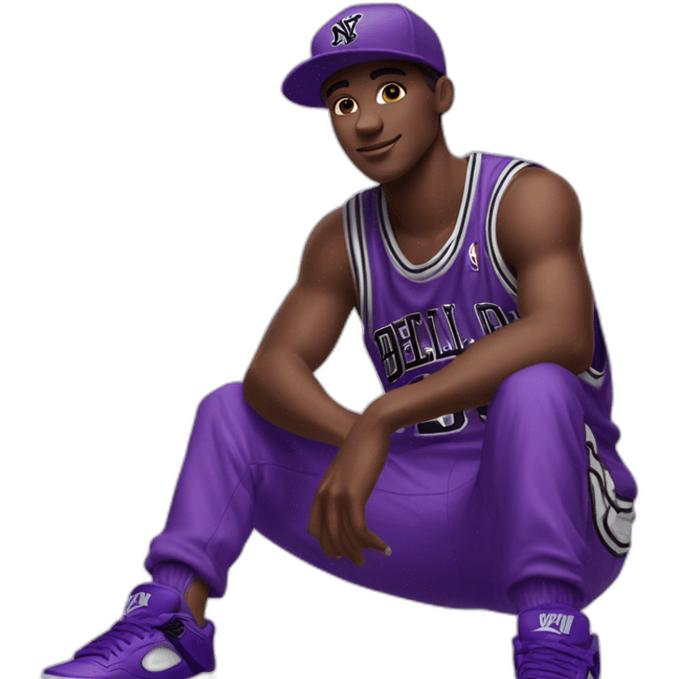 Young, dark-skinned guy in violet attire, wearing a violet NY cap and rocking violet Jordan 4s. 🟣🧢👟 emoji