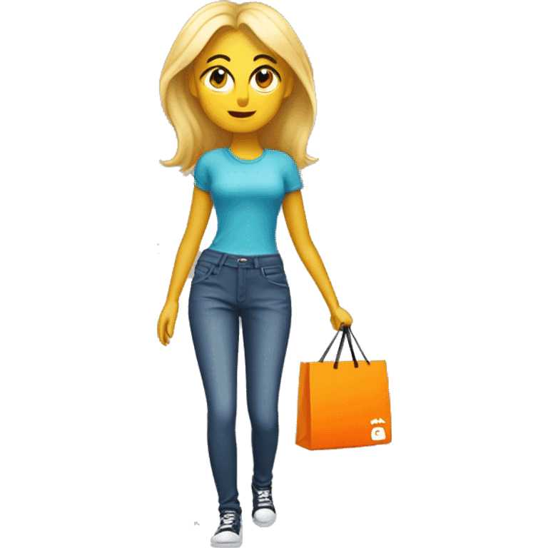 Design a blonde, emoji-style character holding an orange shopping bag with 'MULT EMBALAGENS' written on it, inspired by the iPhone emoji look. emoji