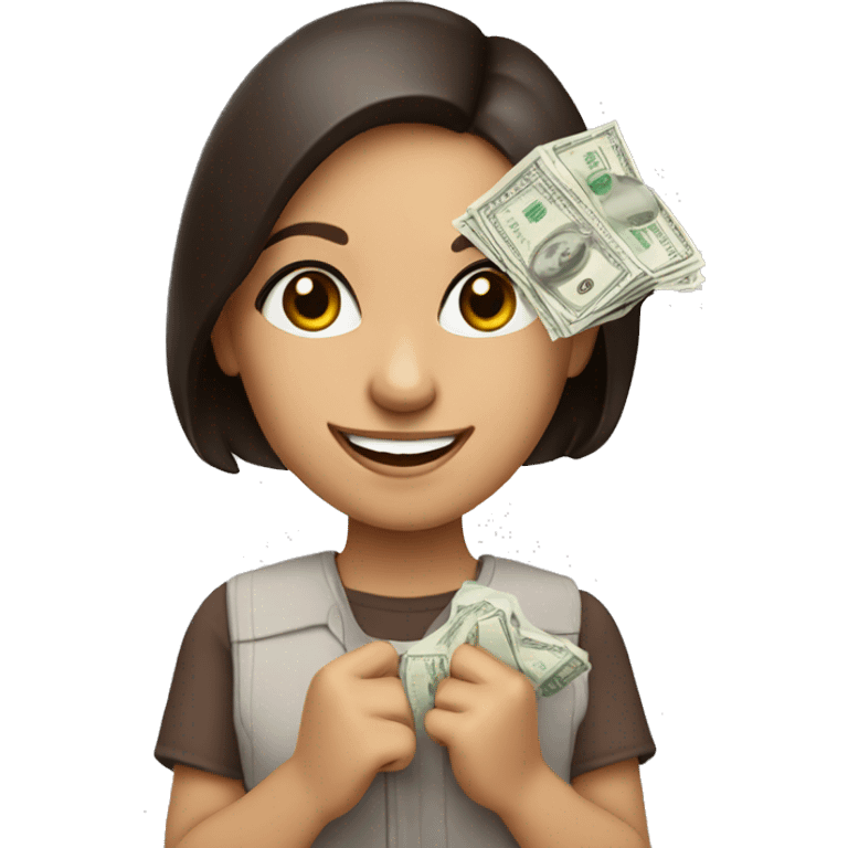 brunette girl with brown eyes smile holds paper dollars in her hands emoji