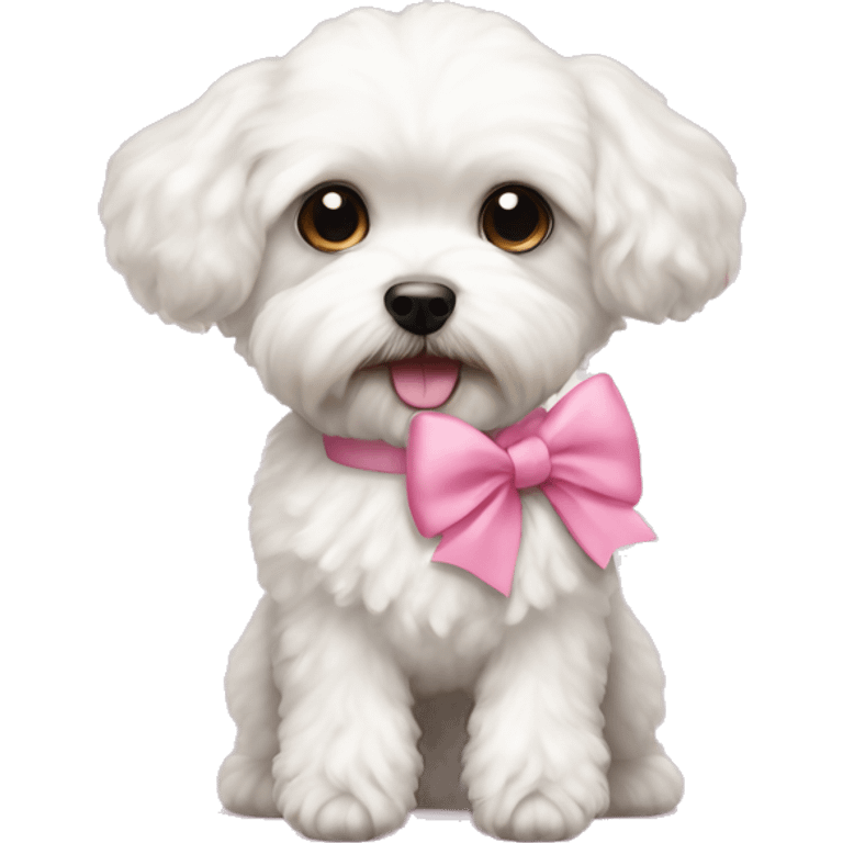 A White maltipoo with long legs pink bow and teddy bear cut  emoji