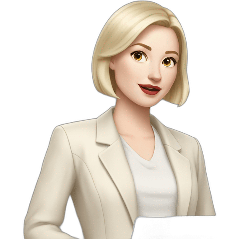 pale skin woman with ash blonde Straightened bob Hair, White Spacious classical jacket, beige palazzo Arrow pants and gray blouse holding a MacBook in the hands emoji