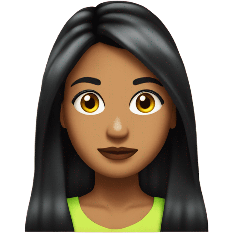 Tanned woman with long black hair dressed in 2000s Y2K hair, makeup, and neon attire emoji