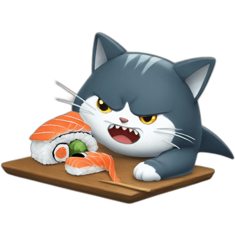 a very angry cat eating a sushi shark emoji