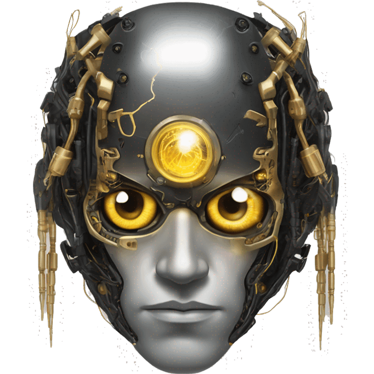 black metal male cyborg head with artificial eyeball, circuitry and wispy yellow gold hair emoji