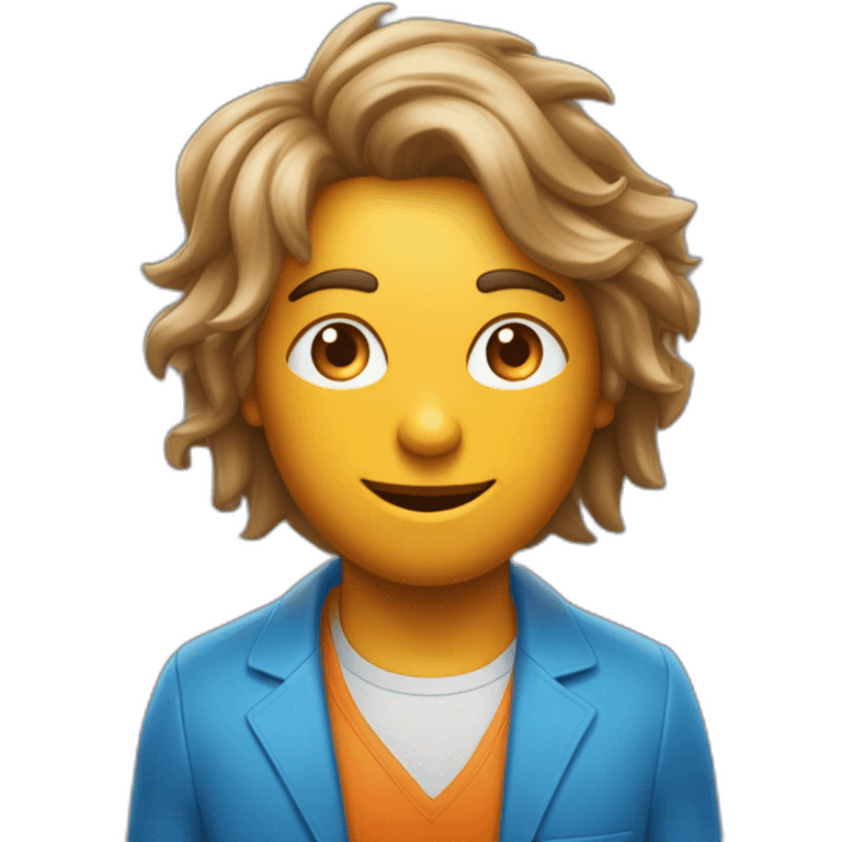 Un mec bronzée, avec des cheveux bleu et orange moutard. Sur la joue des symboles doré. Des cornes de bélier orange moutard emoji