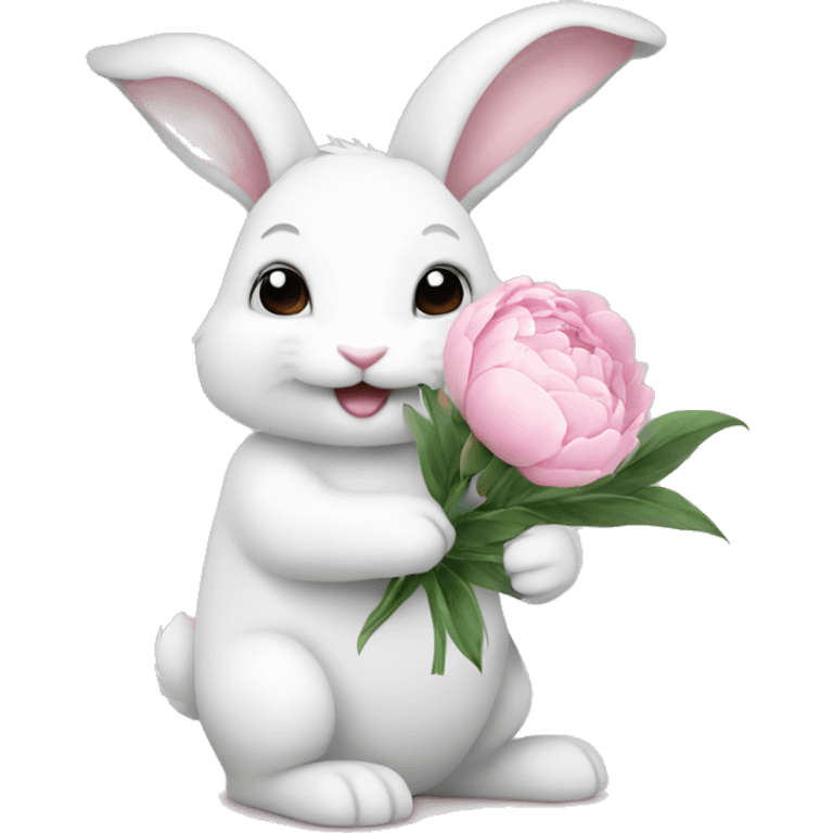 cute white bunny holding light pink peonies emoji