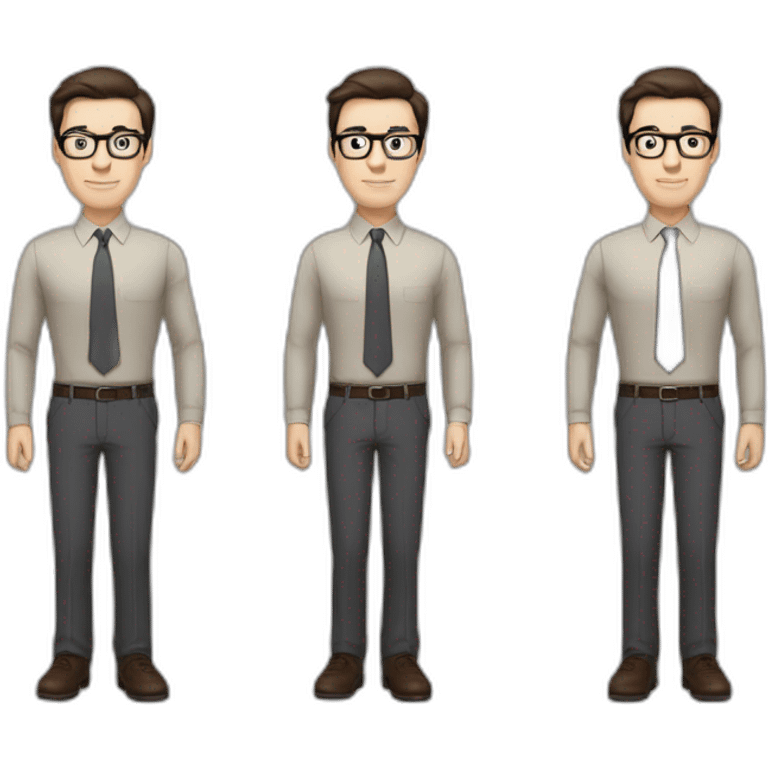 Full height Pale skinned Fit Man With dark brown hair in classic gray suit, beige office shirt, dark gray tie, and vintage glasses. His hands lock emoji