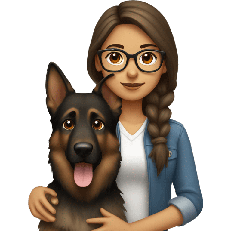 long brown haired girl wearing glasses with a German shepherd  emoji