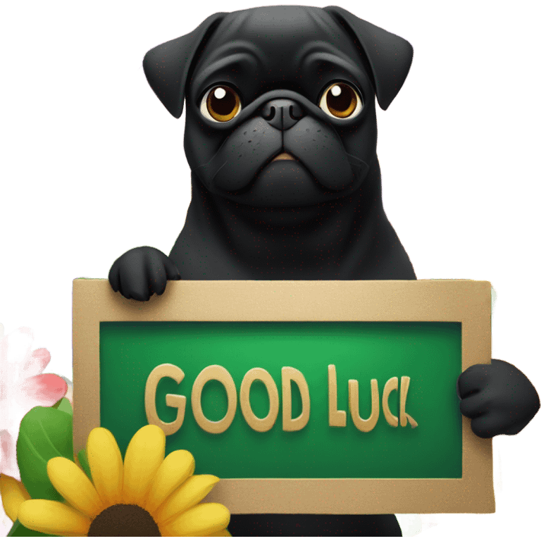 Black pug , surrounded by flowers, holding a green sign that says “good luck”  emoji