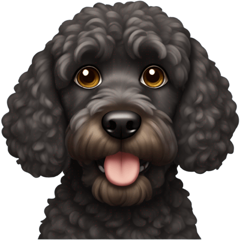 Black cockapoo wearing a sweatshirt with brown eyes emoji