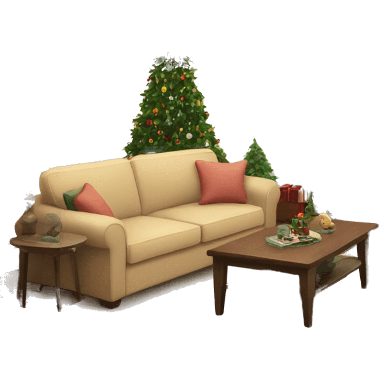 Cozy living room with christmas tree and a beige sofa and a tv emoji