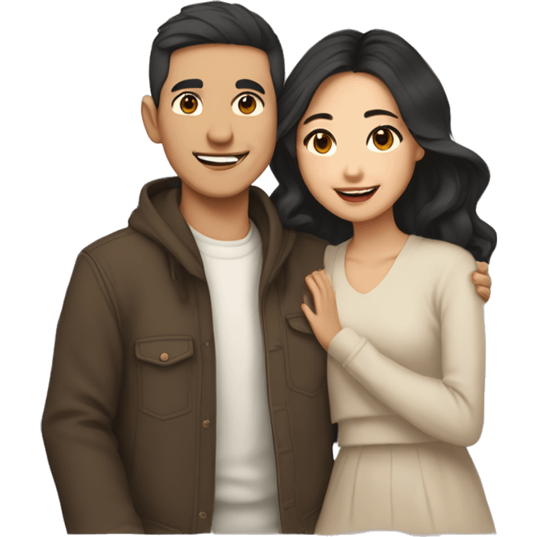 A half pale Asian man with short dark hair and amber eyes embracing and loving a half Asian woman with long wavy dark hair and dark hazel eyes. They love each other a lot And have good fashion taste. And are having a lot of fun emoji