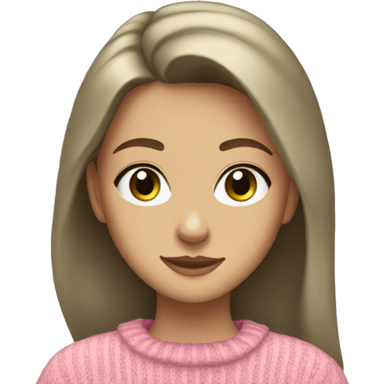 a 16 year old girl with light brown hair and gray green eyes in a pink sweater emoji