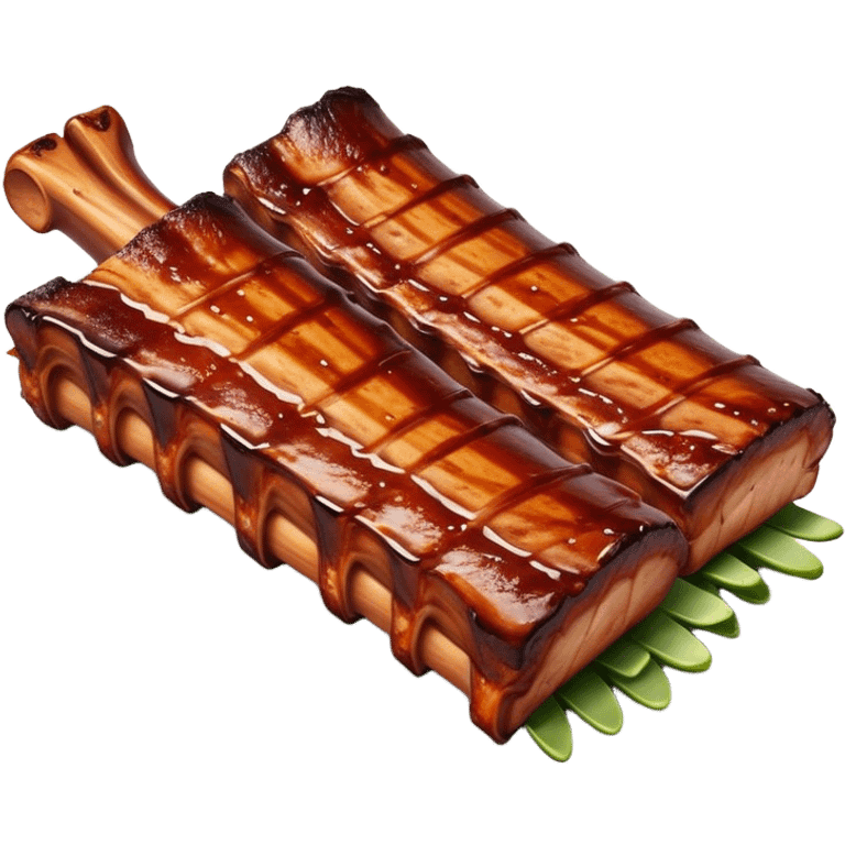 Cinematic Realistic Barbeque Ribs Dish Emoji, depicted as succulent, slow-cooked ribs with a sticky smoky glaze rendered with rich textures and dynamic, appetizing lighting. emoji