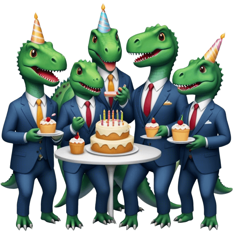 office dinosaurs in suits eating birthday cake emoji