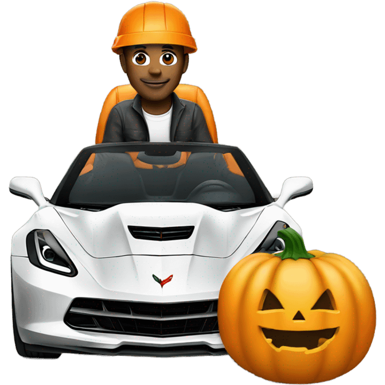 Engineer wearing a pumpkin on his head, driving a corvette. emoji