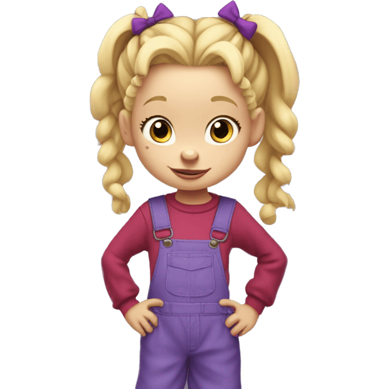 A little blonde girl with pigtails and little purple bows wearing a red long sleeved shirt and purple overalls, full body, rugrats emoji