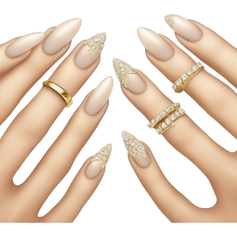 Classy almond French tip nails with gold and diamond rings  emoji