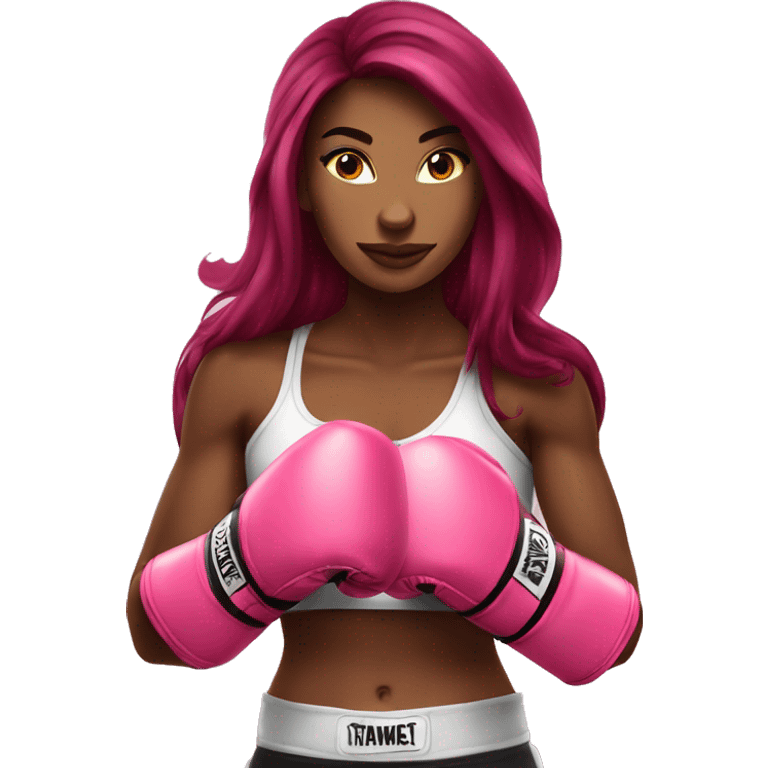 Beautiful tattooed  burgundy long haired woman boxing with pink gloves emoji