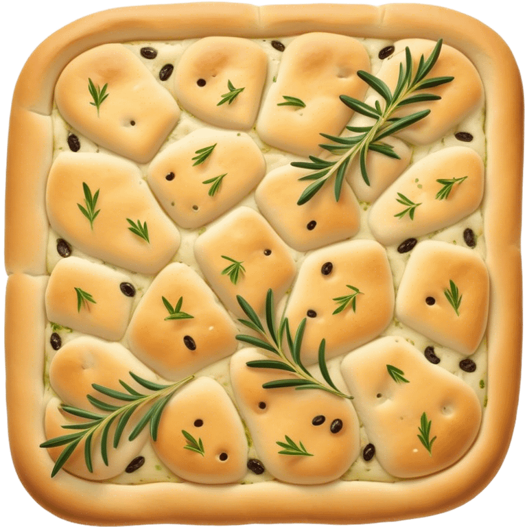 Focaccia Cinematic Realistic Focaccia Bread Dish Emoji, depicted as a golden, olive-oil brushed flatbread sprinkled with herbs, rendered with lifelike textures and warm, inviting lighting. emoji