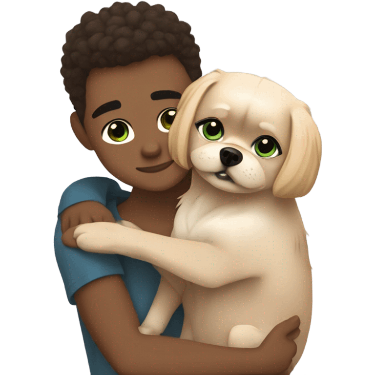 lightskin blonde girl with green eyes and lightskin boyfriend with blue eyes brown hair and their dog brown black white pekingese are hugging (light aesthetic colors) emoji