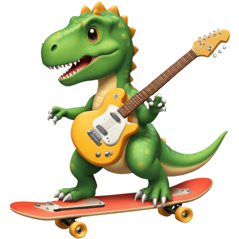 Dinosaur skateboarding with a guitar emoji