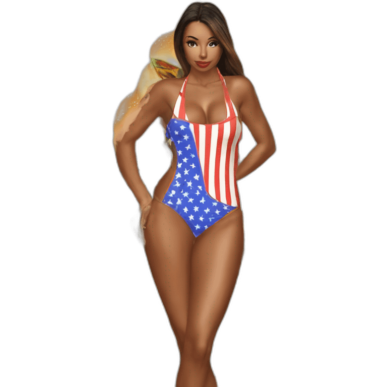 Sexy pose - woman wearing only an American flag bikini behind view burger emoji