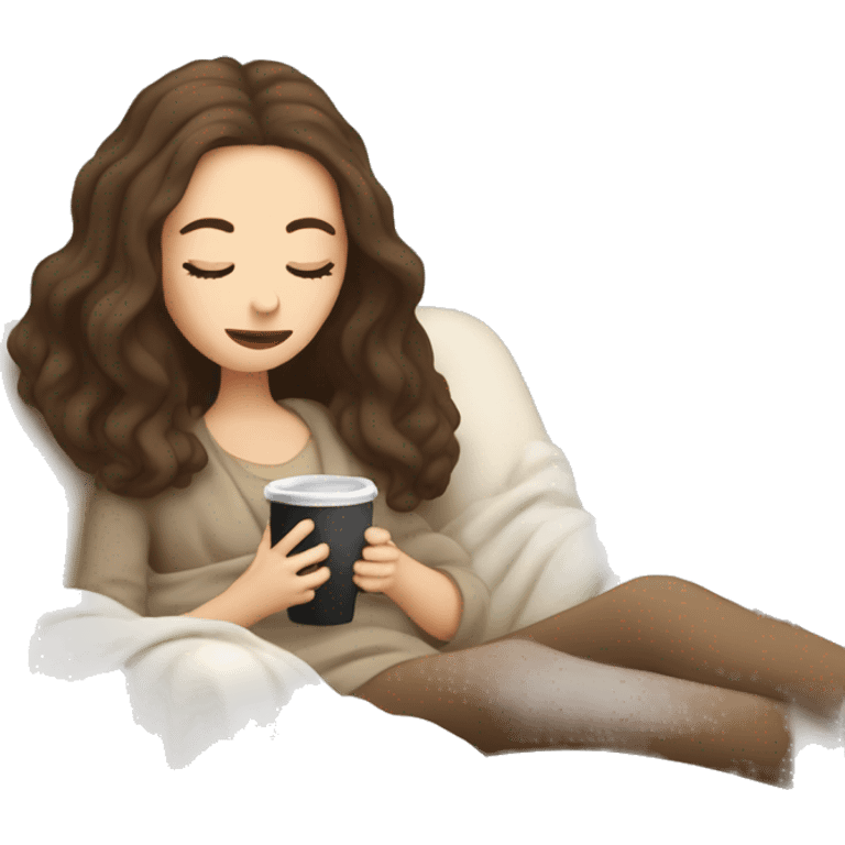 Brunette white girl covered in blanket sitting on a cozy chair holding coffee eyes closed emoji