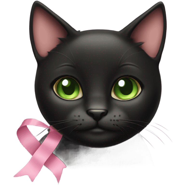 little black cat with brown spots and green eyes with pink ribbon emoji