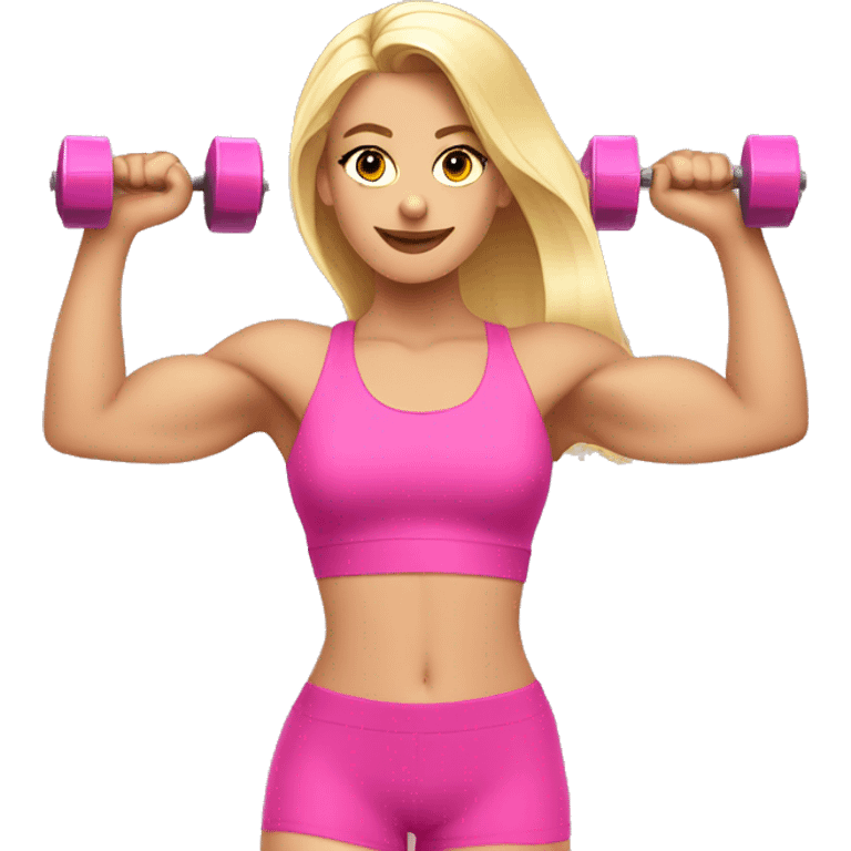 a blonde pretty girl in a pink workout set lifting pink weights emoji