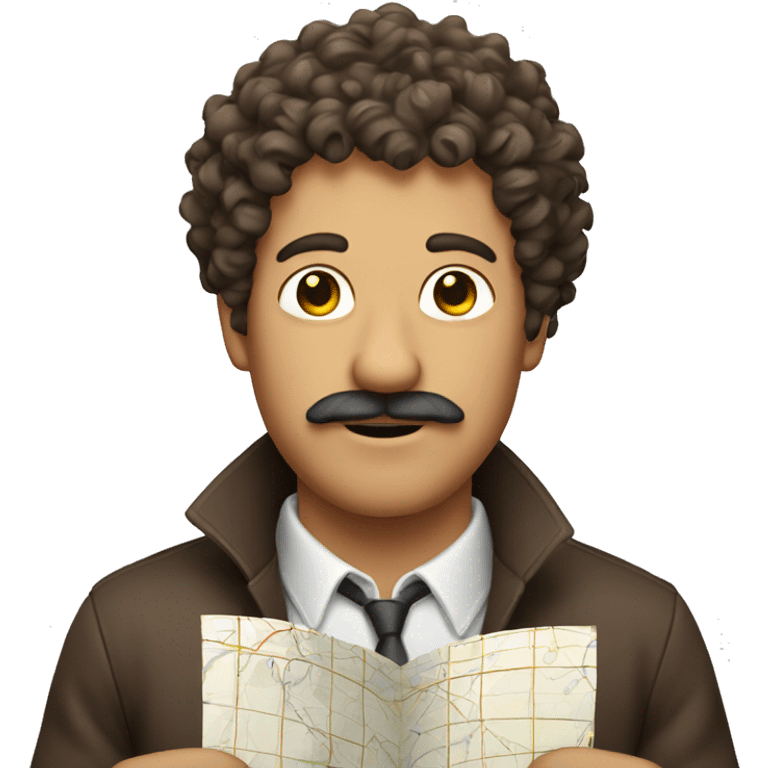 A curly hair man with moustache holding a map emoji