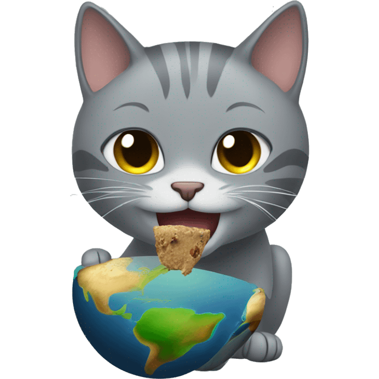 Grey cat eats an earth emoji