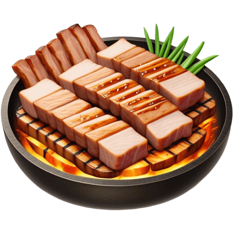 Cinematic Realistic Samgyeopsal Dish Emoji, depicted with sizzling, thick slices of pork belly grilled to perfection rendered with rich textures and warm, inviting lighting. emoji