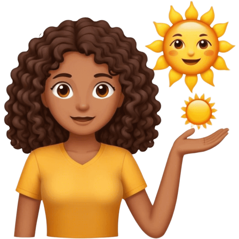 Brown woman with dark brown long curly hair saying good morning with the sun and yellow shirt  emoji