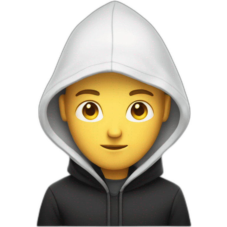 a serious-looking white man wearing a black hoodie behind a laptop emoji